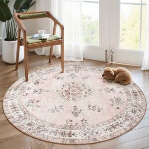 Round Pink Floral Area Rug